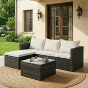 Walsunny 3 Pieces patio furniture set, Rattan Wicker Outdoor Conversation Set with Cushions and Glass Tabletop,White