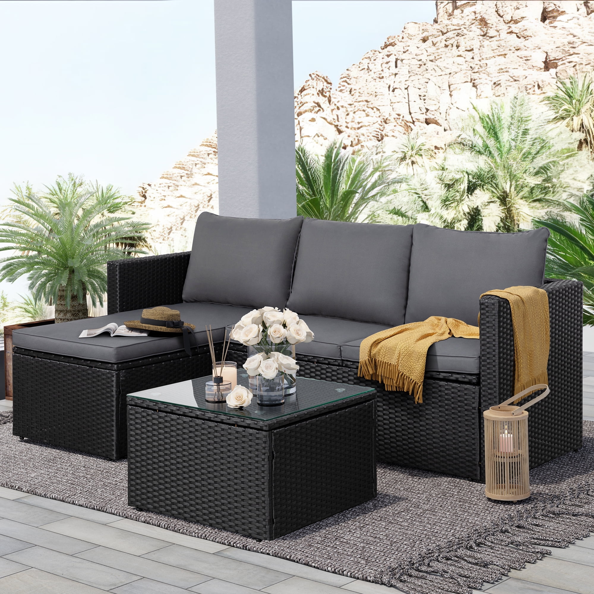 Walsunny 3 Piece Gray Outdoor Furniture Sectional Sofa Patio Set with