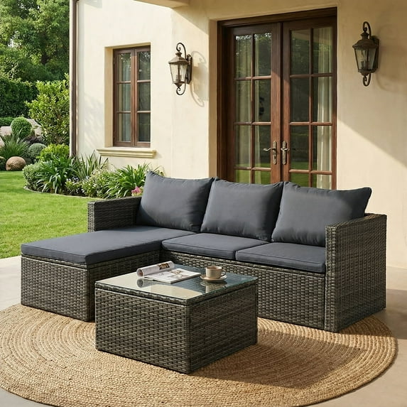 Walsunny 3 Pieces patio furniture set, Rattan Wicker Outdoor Conversation Set with Cushions and Glass Tabletop,Gray