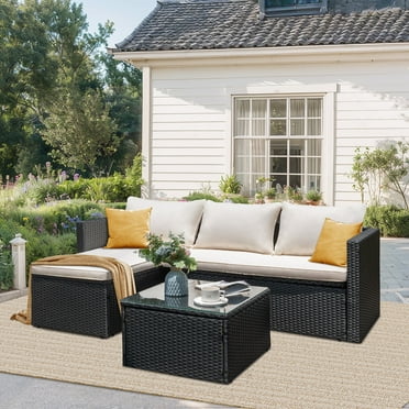 Walsunny Patio Furniture Set 3 Piece Rattan Wicker Outdoor Sectional Sofa Chair L-shaped with Cushions Tea Table,Black Rattan Beige Cushion
