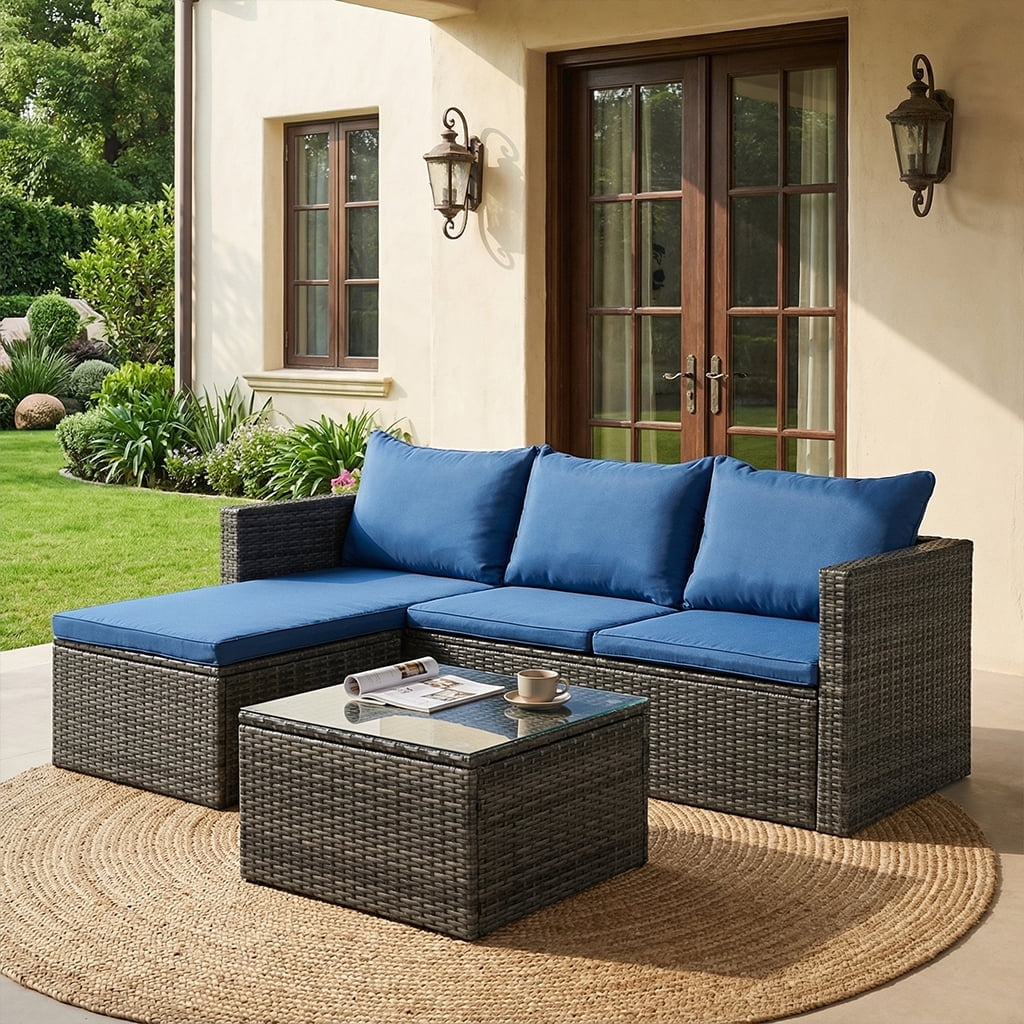 Walsunny 3 Pieces patio furniture set, Rattan Wicker Outdoor Conversation Set with Cushions and Glass Tabletop,Blue