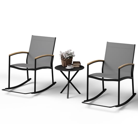 Walsunny Outdoor Rocking Bistro Set 3 Piece Metal Patio Porch Furniture with 2 Patio Rocking Chairs 1 Patio Table,Light Gray