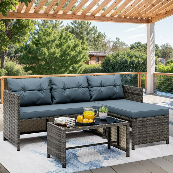 Walsunny 3 Pieces Patio Furniture Sectional Set, All-Weather Wicker Rattan Outdoor Furniture Set with Cushion and Glass Coffee Table, Patio Conversation Set for Garden, Backyard, Pool, Blue