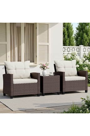 3 Pieces Patio Furniture Set Outdoor Wicker Conversation Bistro Set Outdoor Patio Chairs with Tempered Glass Table Beige