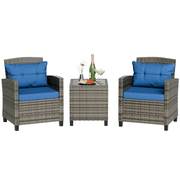 Walsunny 3 Pieces Patio Furniture Set Outdoor Wicker Conversation Bistro Set Outdoor Patio Chairs with Tempered Glass Table Blue