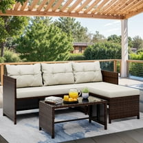 Walsunny 3 Pieces Patio Furniture Sectional Set, All-Weather Wicker Rattan Outdoor Furniture Set with Cushion and Glass Coffee Table, Patio Conversation Set for Garden, Backyard, Pool,Beige
