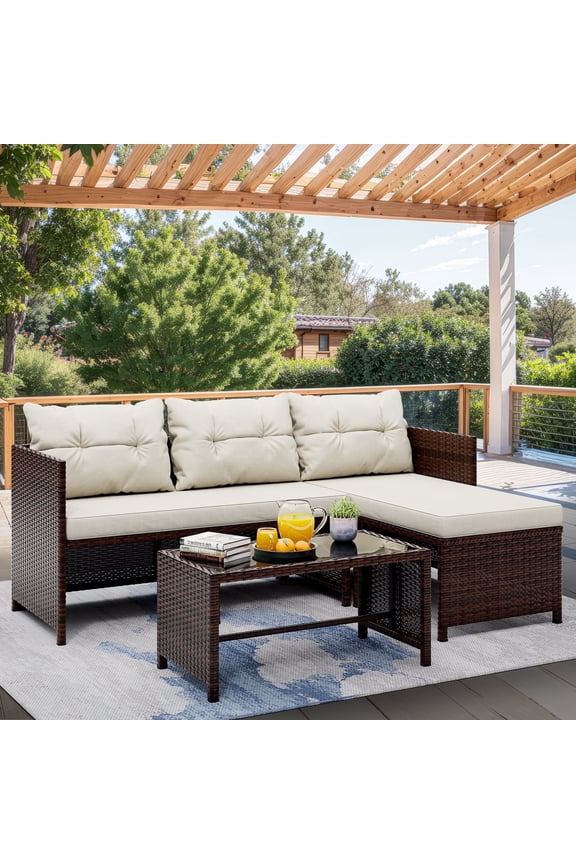 3 Pieces Patio Furniture Sectional Set, All-Weather Wicker Rattan Outdoor Furniture Set with Cushion and Glass Coffee Table, Patio Conversation Set for Garden, Backyard, Pool,Beige