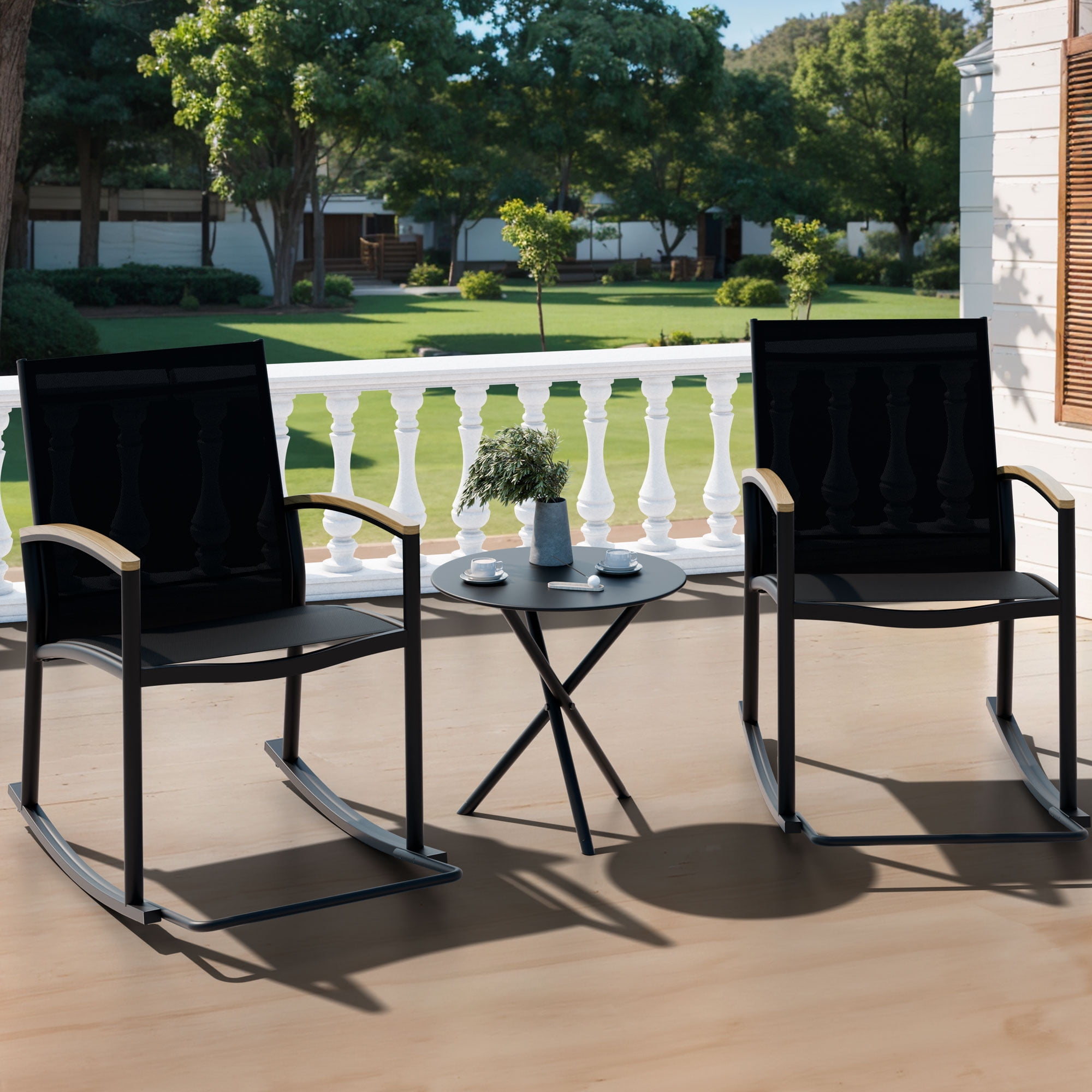 Walsunny Modern Rocking Patio Bistro Set – 3-Piece Textilene Chairs
