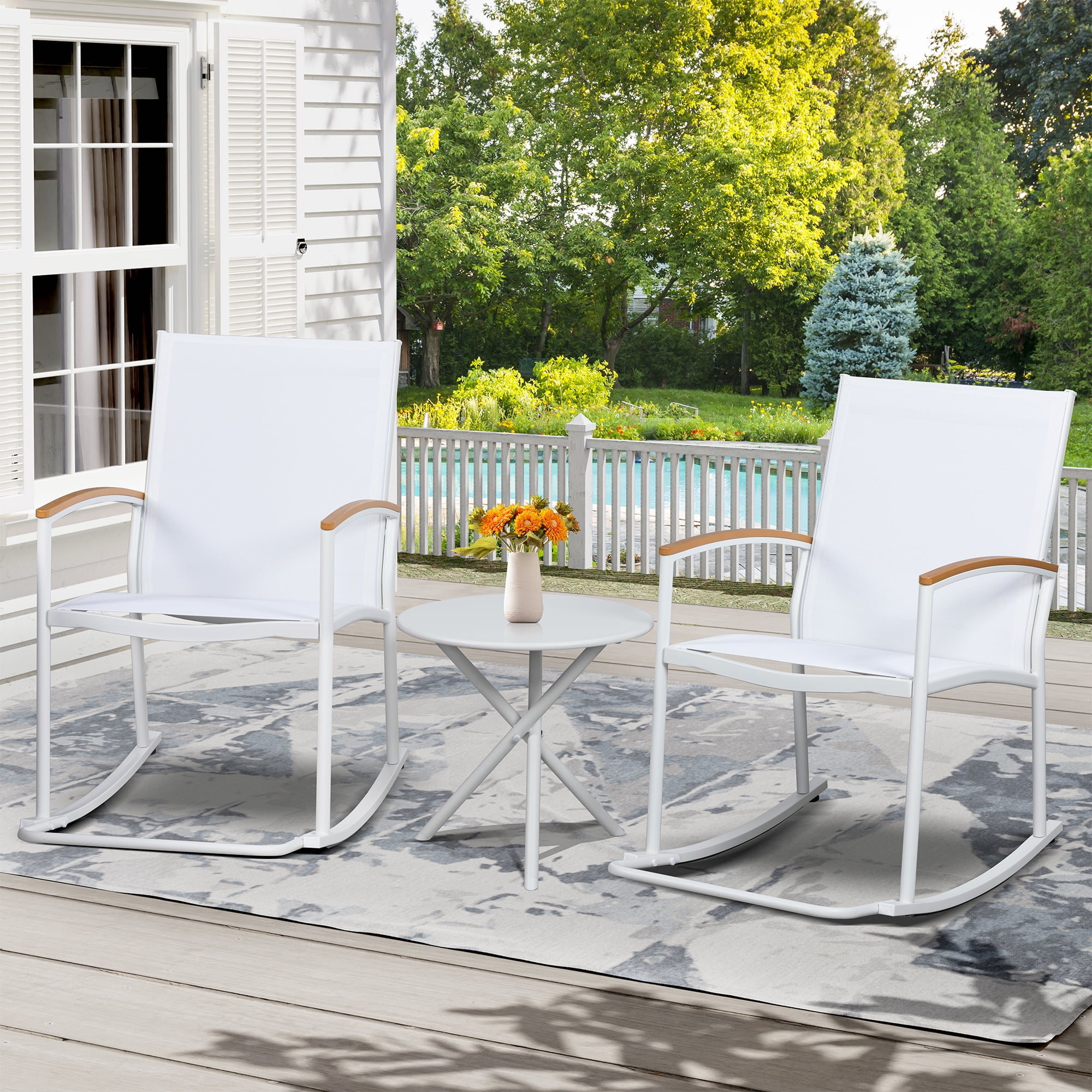 Walsunny 3 Pieces Patio Set Outdoor Patio Furniture Sets Modern Rocking Bistro Set Textilene Chair Conversation Sets White