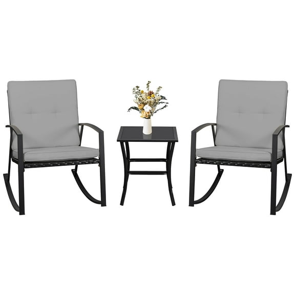 Walsunny Outdoor Rocking Bistro Set 3 Piece Metal Patio Porch Furniture with 2 Rattan Wicker Patio Cushioned Rocking Chairs 1 Patio Table,Gray Cushion