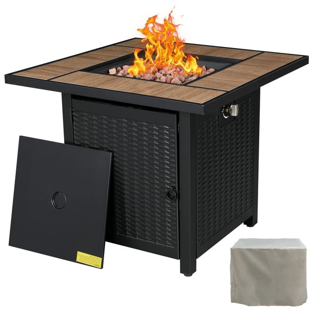 Walsunny 30" Propane Gas Fire Pit Table 50,000 BTU Square Outdoor Wicker Walnut Wood
