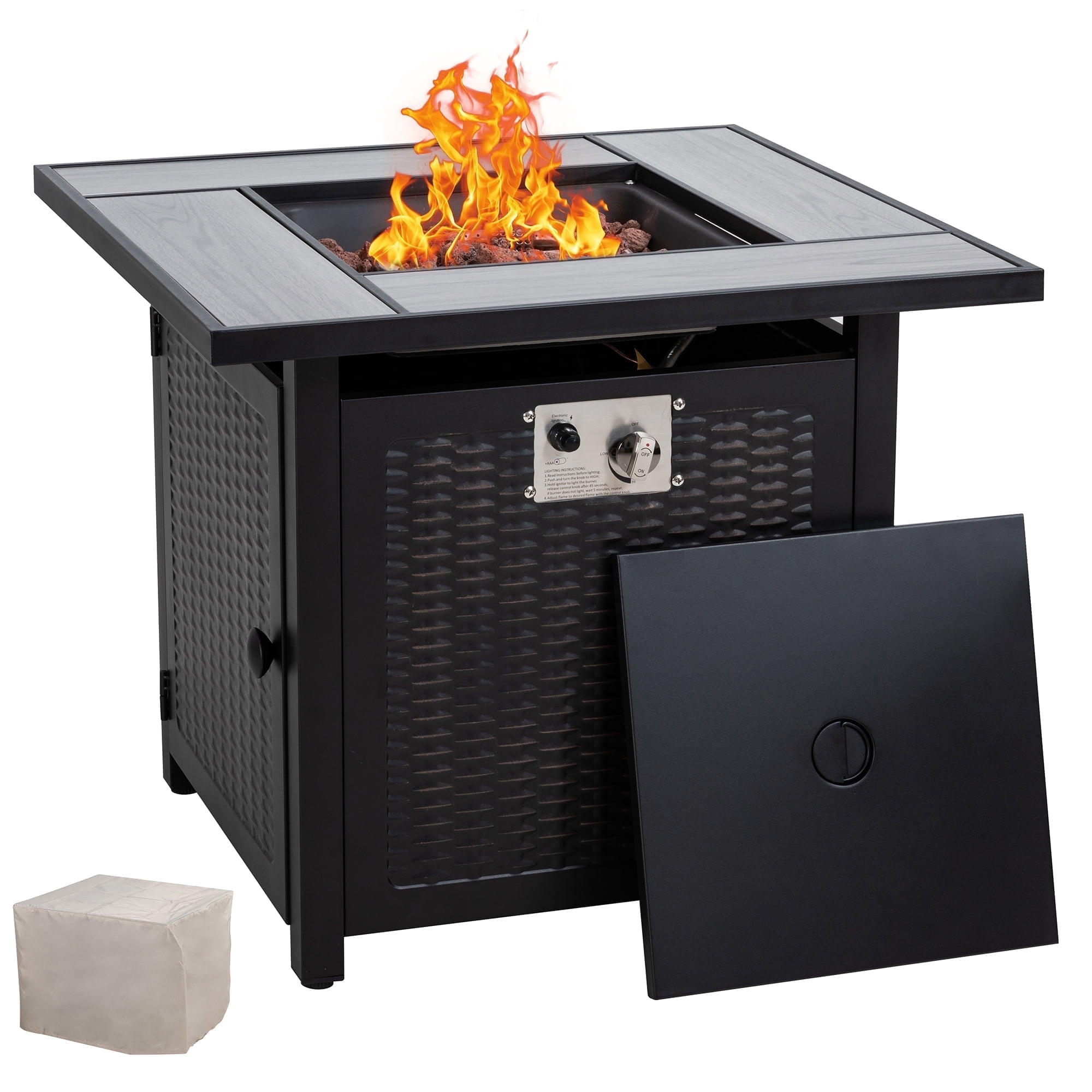 Walsunny 30" Propane Gas Fire Pit Table with Lid 50,000 BTU Square Outdoor Wicker Light Grey