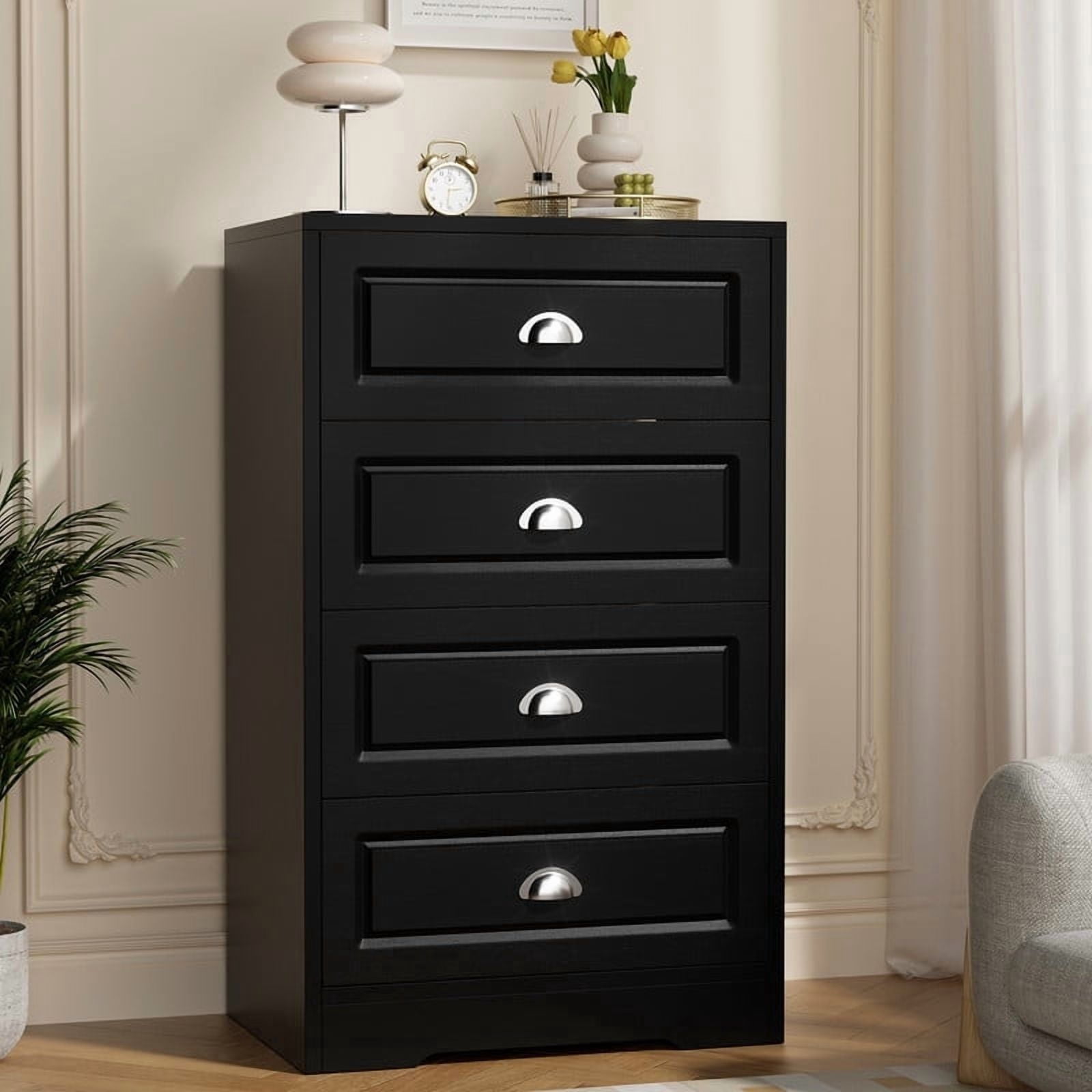 Walsunny 4 Drawer Dresser for Bedroom, Modern Wood Chest of Handle-Drawers, Storage Cabinet Organizer, Wooden Dresser for Bedroom Living Room Closet Entryway, Black
