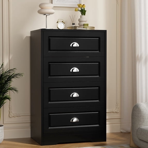 Walsunny 4 Drawer Dresser for Bedroom, Modern Wood Chest of Handle-Drawers, Storage Cabinet Organizer, Wooden Dresser for Bedroom Living Room Closet Entryway, Black / White