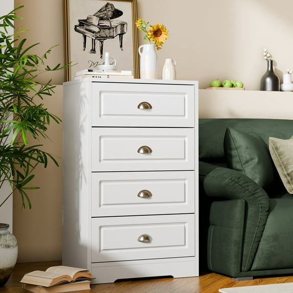 Walsunny 4 Drawer White Vertical Dresser Modern Storage Cabinet with Handle-Drawer Chest Wood Organizer for Living Room