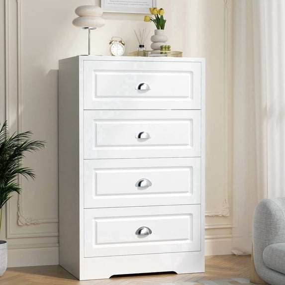 Walsunny 4 Tier Drawer Dresser for Bedroom, Modern Wood Handle-Drawers, Storage Cabinet Organizer, Wooden Dresser for Bedroom, White