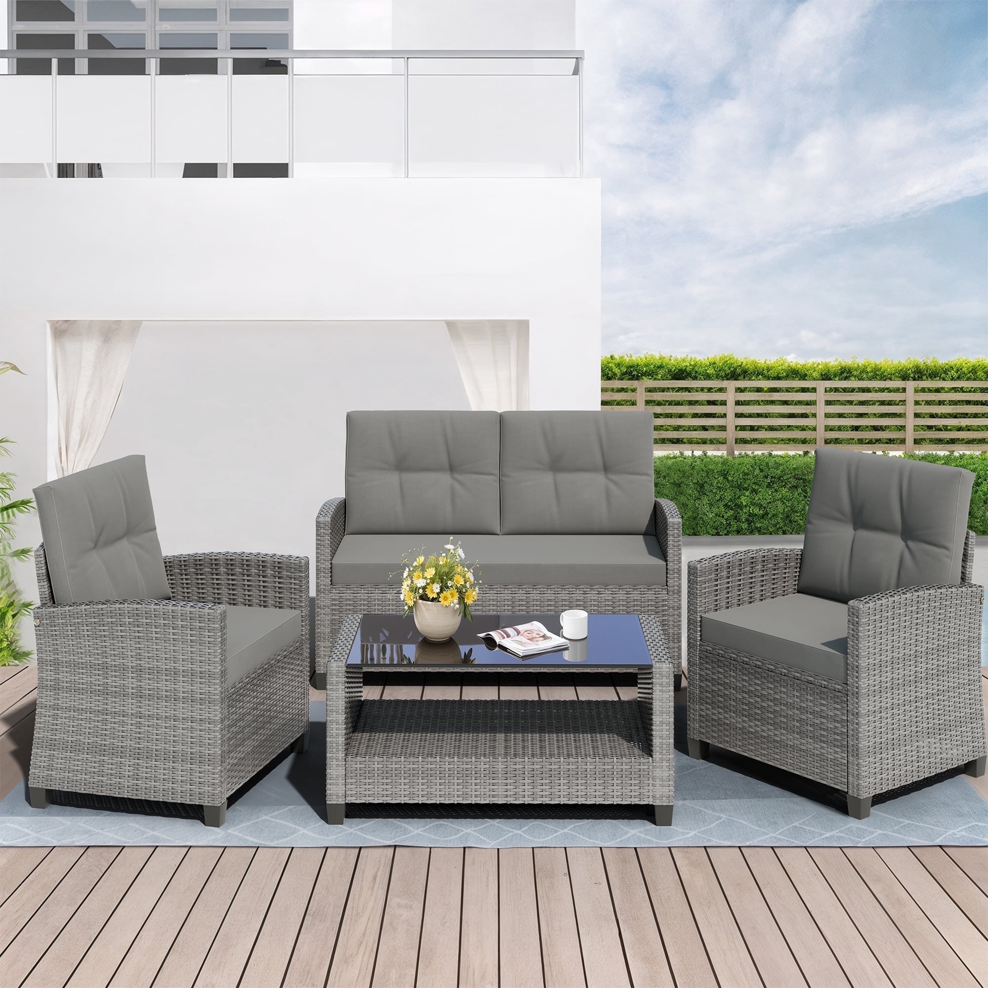 Walsunny 4 Pieces Outdoor Sectional Conversation Wicker Patio Furniture Set with Cushion Table for Backyard,Porch,Garden,Poolside Balcony,Gray
