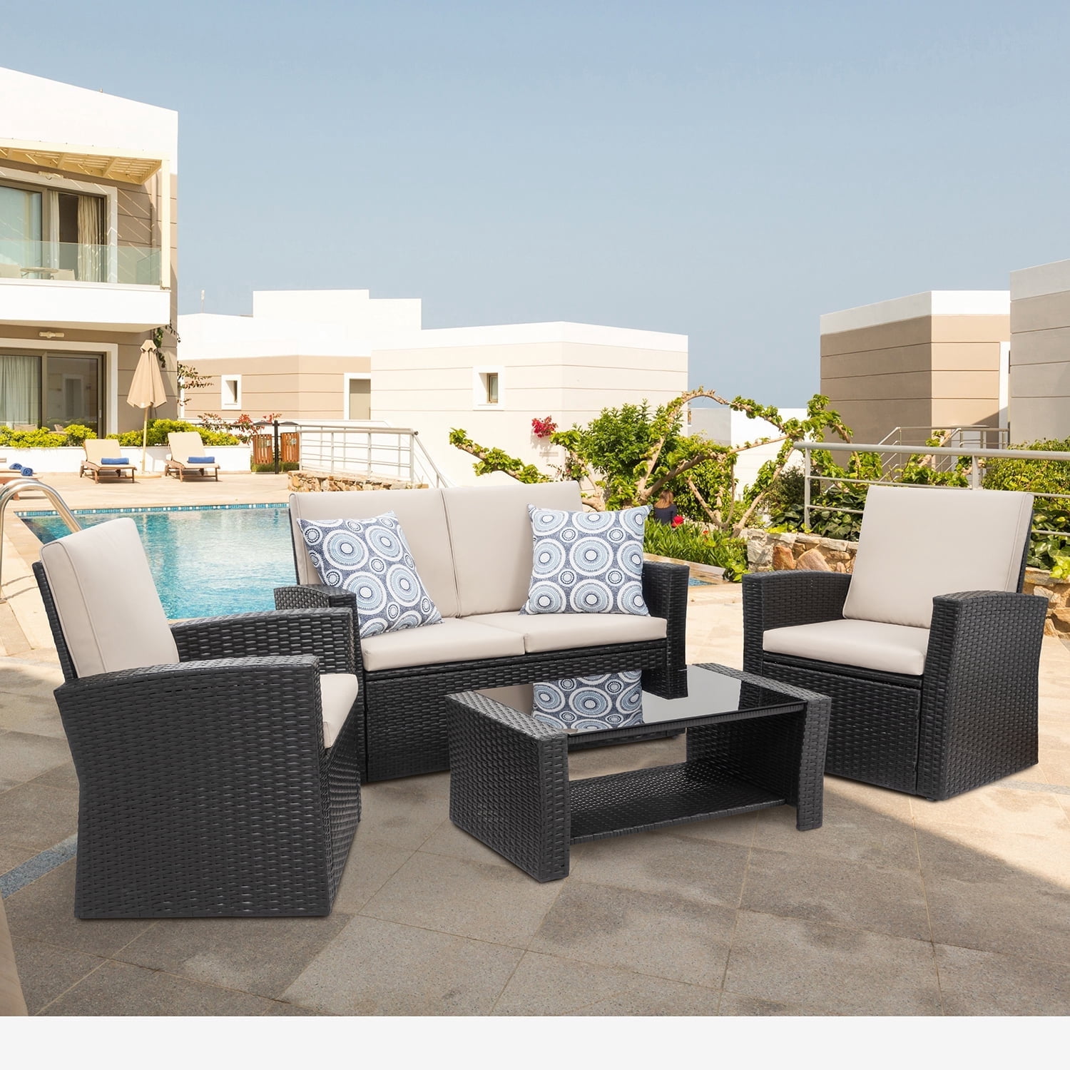 Walsunny 4 Pieces Outdoor Sectional Conversation Wicker Patio Furniture Set with Cushion Table for Backyard,Porch,Garden,Poolside Balcony,Gray
