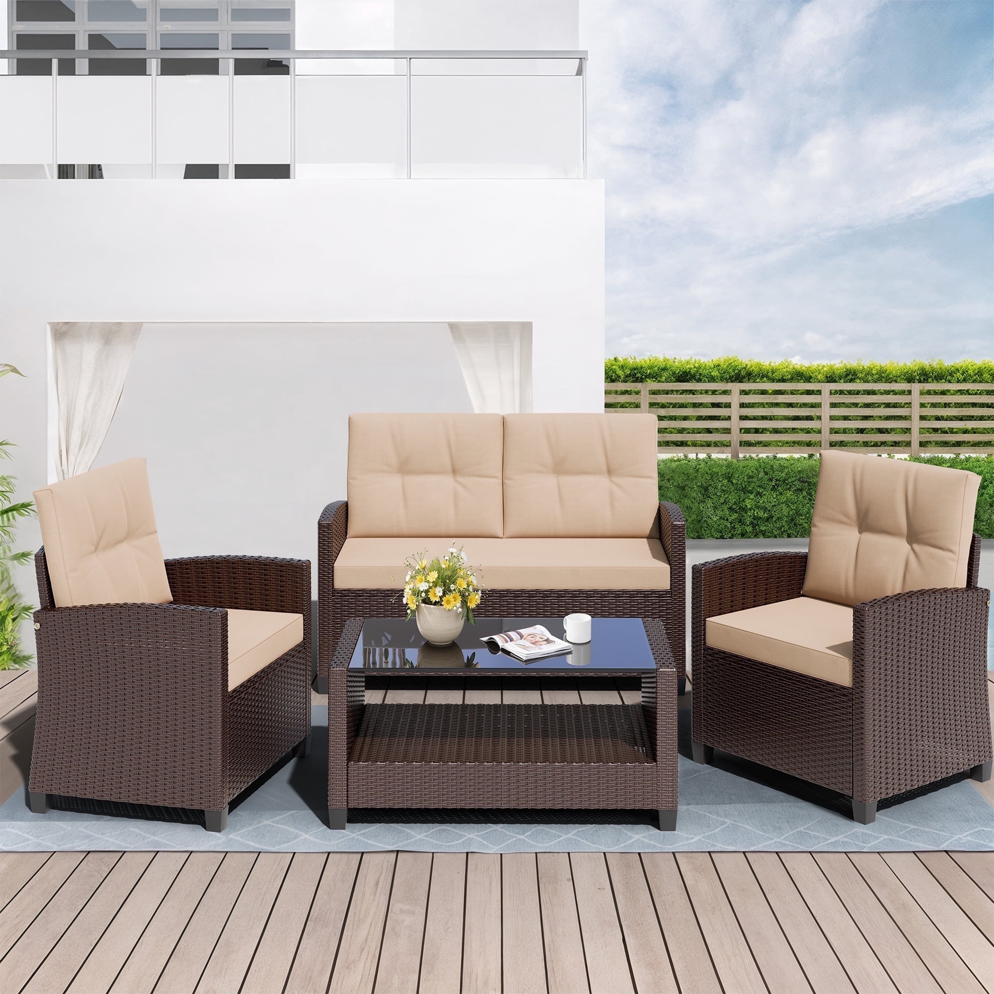 Walsunny 4 Pieces Outdoor Sectional Conversation Wicker Patio Furniture Set with Cushion Table for Backyard,Porch,Garden,Poolside Balcony,Gray