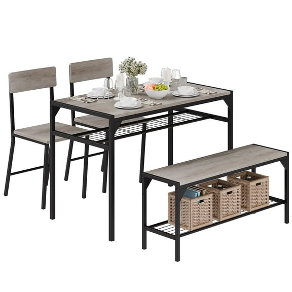 Walsunny 4 Piece Dining Table Set,Kitchen Table with Bench and 2 Chairs,Kitchen Breakfast Furniture with Storage Racks,Industrial Kitchen Table Set for Small Space,Gray