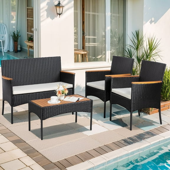 Walsunny 4 Piece Patio Furniture Conversation Set Outdoor Wicker Rattan Chairs with Cushions and Table,Beige