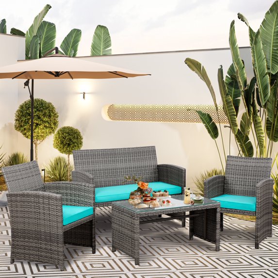 Walsunny Outdoor Patio Rattan Wicker Furniture Conversation Set 4 Piece with Cushions Tempered Glass Tabletop,Blue