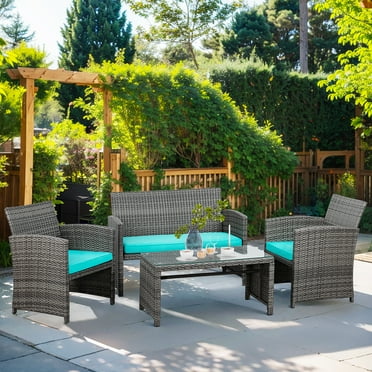 Walsunny 4-Piece Patio Rattan Furniture Set with Cushions & Tempered Glass Tabletop, Blue