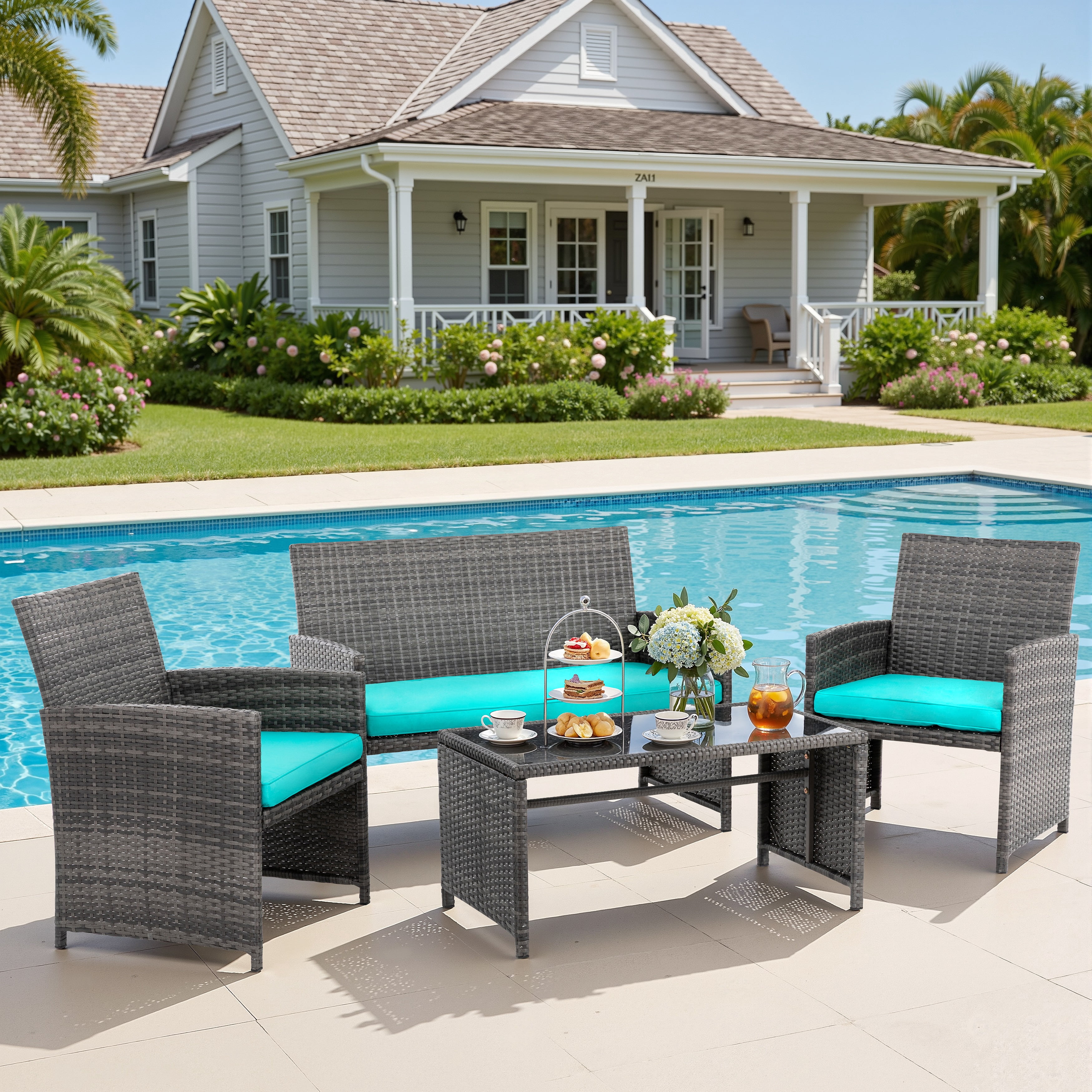 Walsunny Outdoor Patio Rattan Wicker Furniture Conversation Set 4 Piece with Cushions Tempered Glass Tabletop,Blue