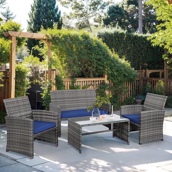 Walsunny 4-Piece Patio Rattan Furniture Set with Cushions & Tempered Glass Tabletop, Dark Blue