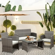 Walsunny Outdoor Patio Rattan Wicker Furniture Conversation Set 4 Piece with Cushions Tempered Glass Tabletop,White
