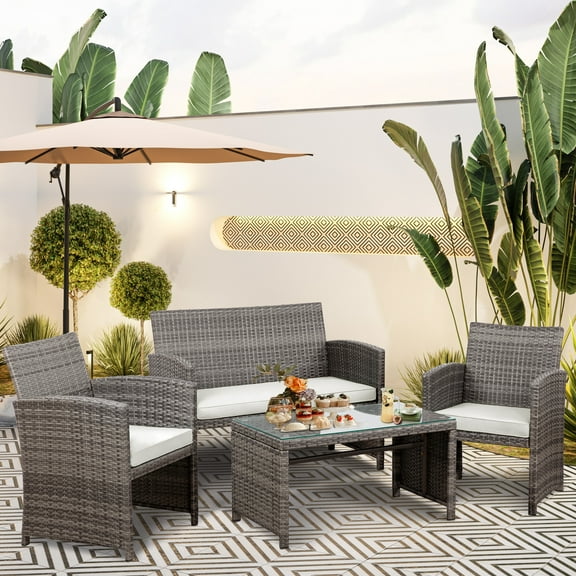 Walsunny Outdoor Patio Rattan Wicker Furniture Conversation Set 4 Piece with Cushions Tempered Glass Tabletop,White