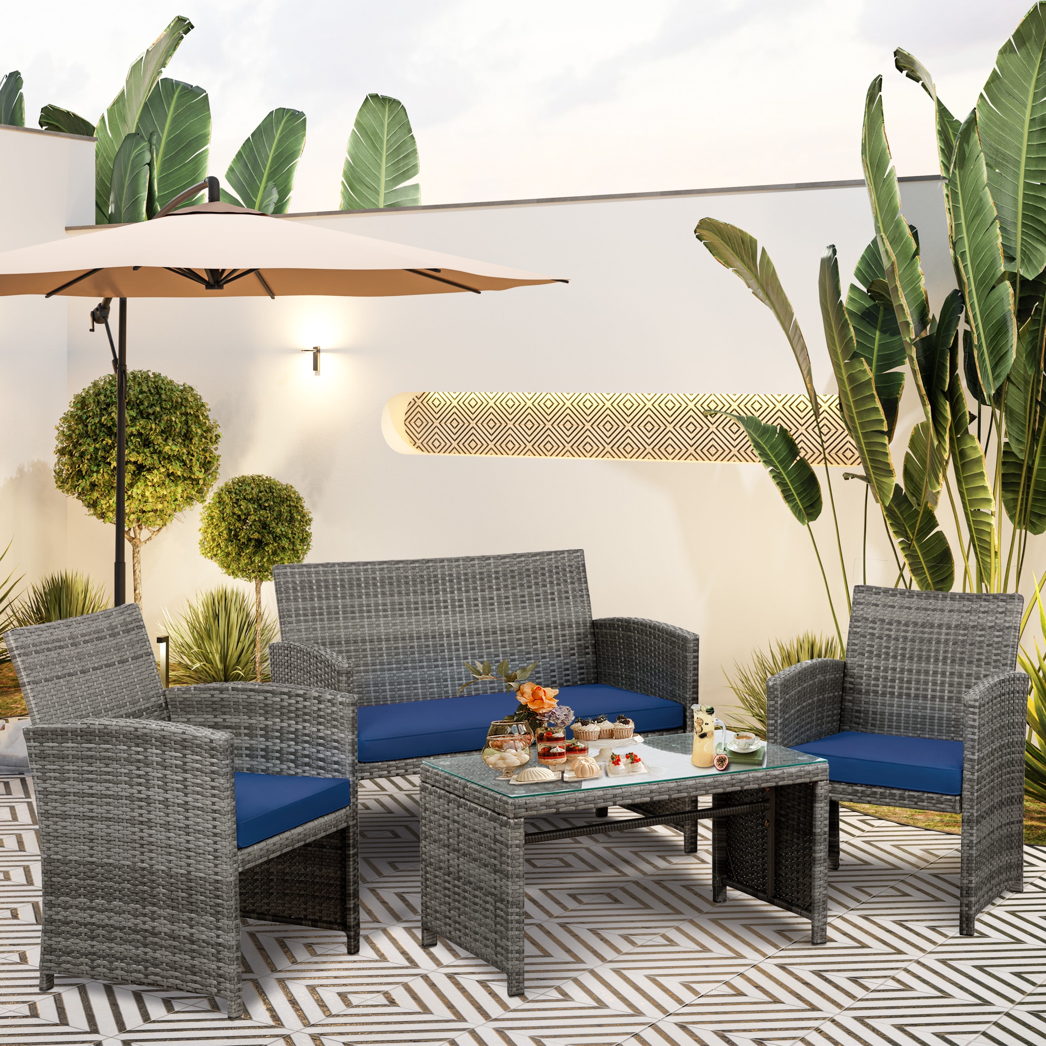 Walsunny Outdoor Patio Rattan Wicker Furniture Conversation Set 4 Piece with Cushions Tempered Glass Tabletop,Navy Blue