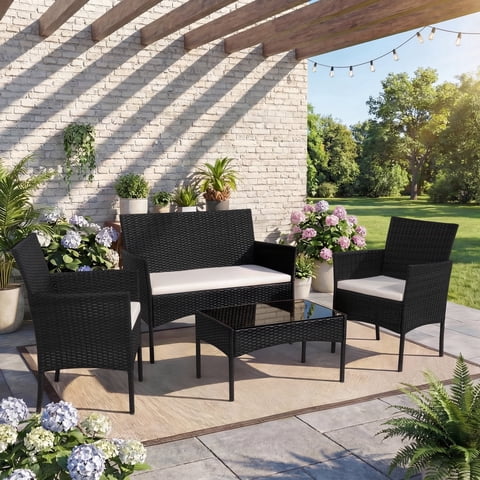 Walsunny 4-Piece Patio Rattan Furniture Set with Cushions & Tempered Glass Tabletop, White