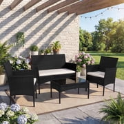 Walsunny 4-Piece Patio Rattan Furniture Set with Cushions & Tempered Glass Tabletop, White