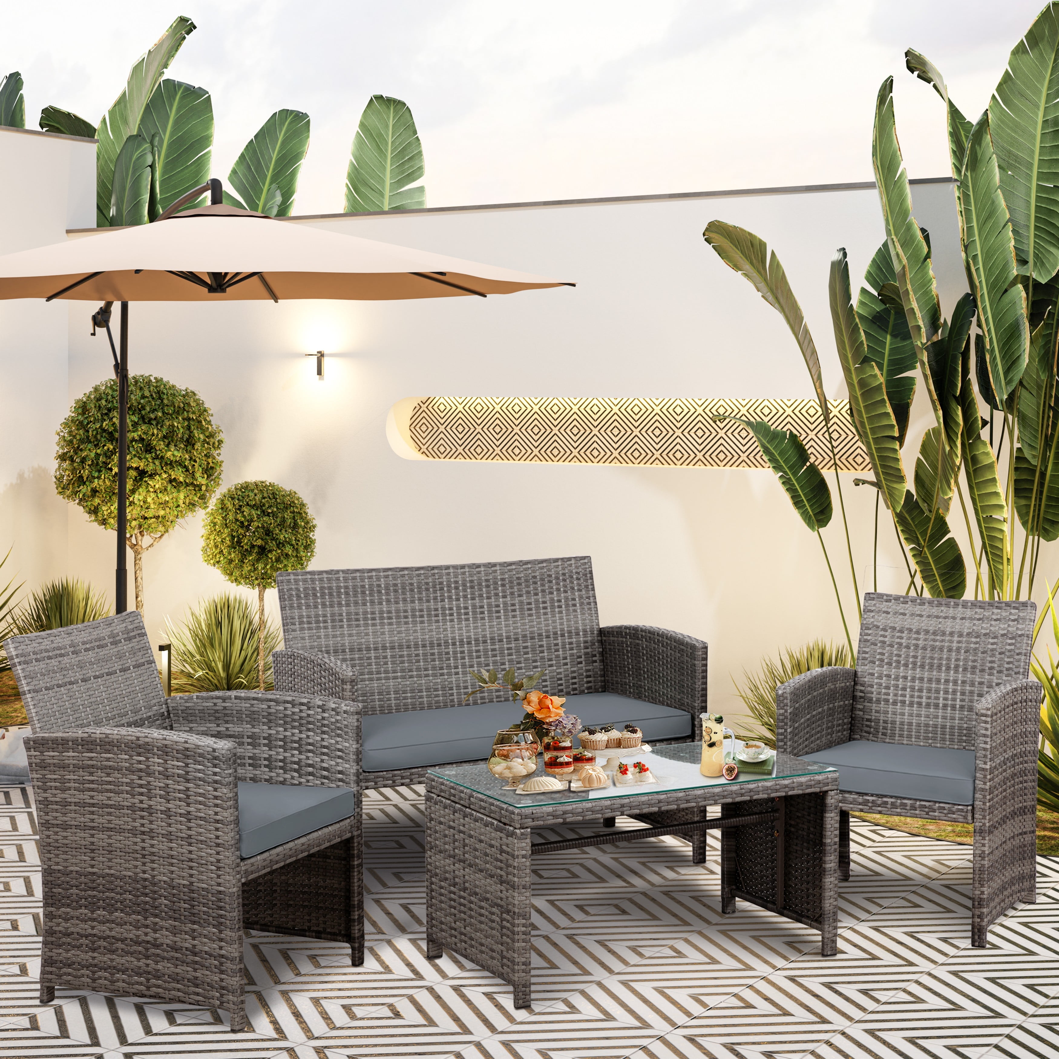 Walsunny Outdoor Patio Rattan Wicker Furniture Conversation Set 4 Piece ...