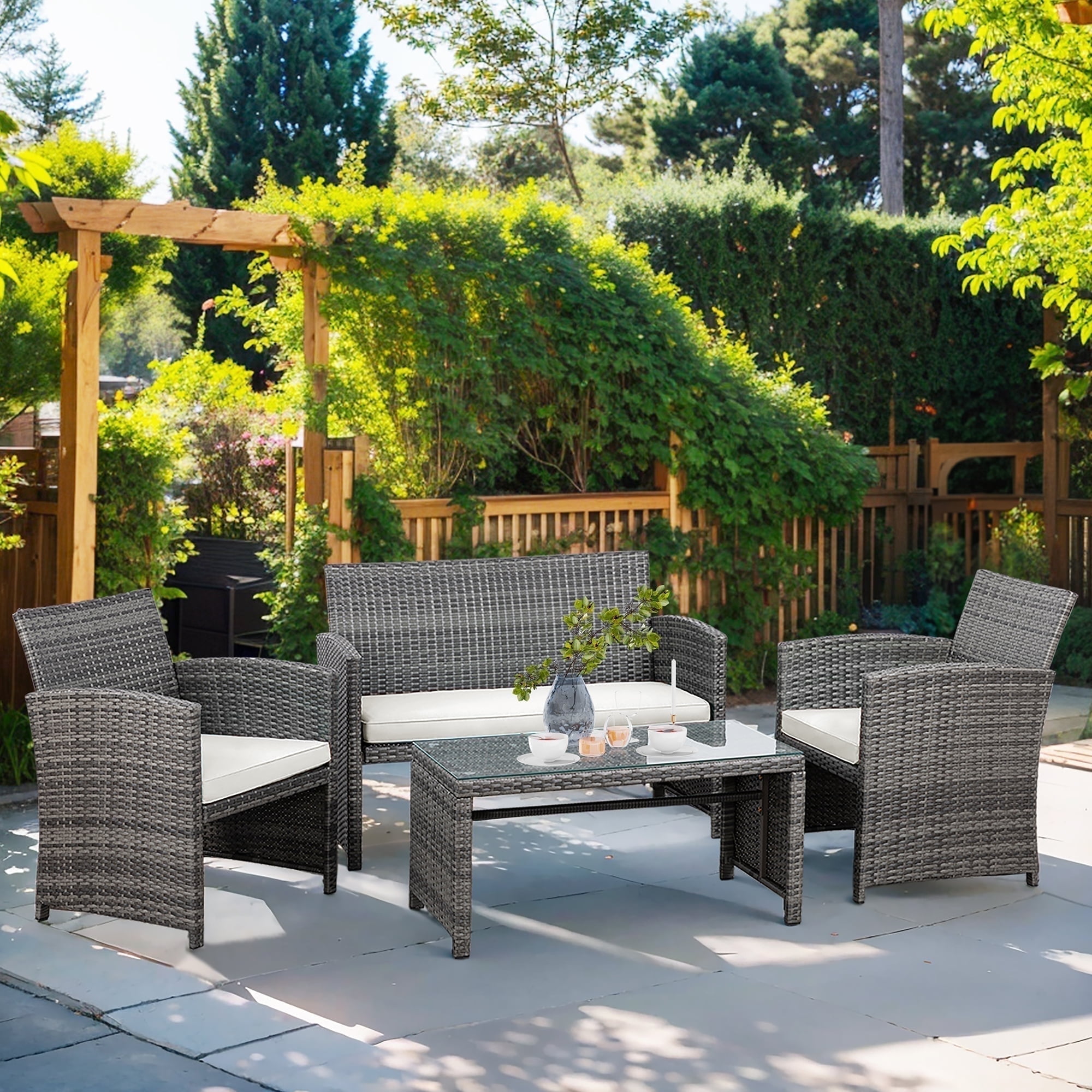 Walmart Deals of Walsunny 4-Piece Patio Rattan Furniture Set with Cushions & Tempered Glass Tabletop, White