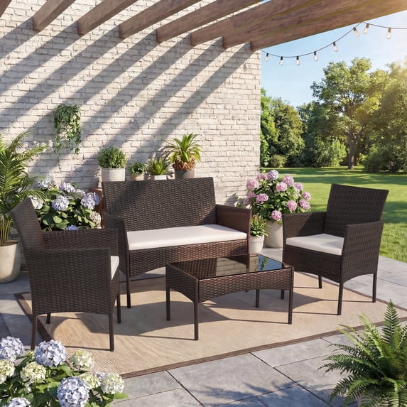 Walsunny 4 Pieces Patio Rattan Furniture Set,Wicker Conversation Set with Cushions and Tempered Glass Tabletop,Brown