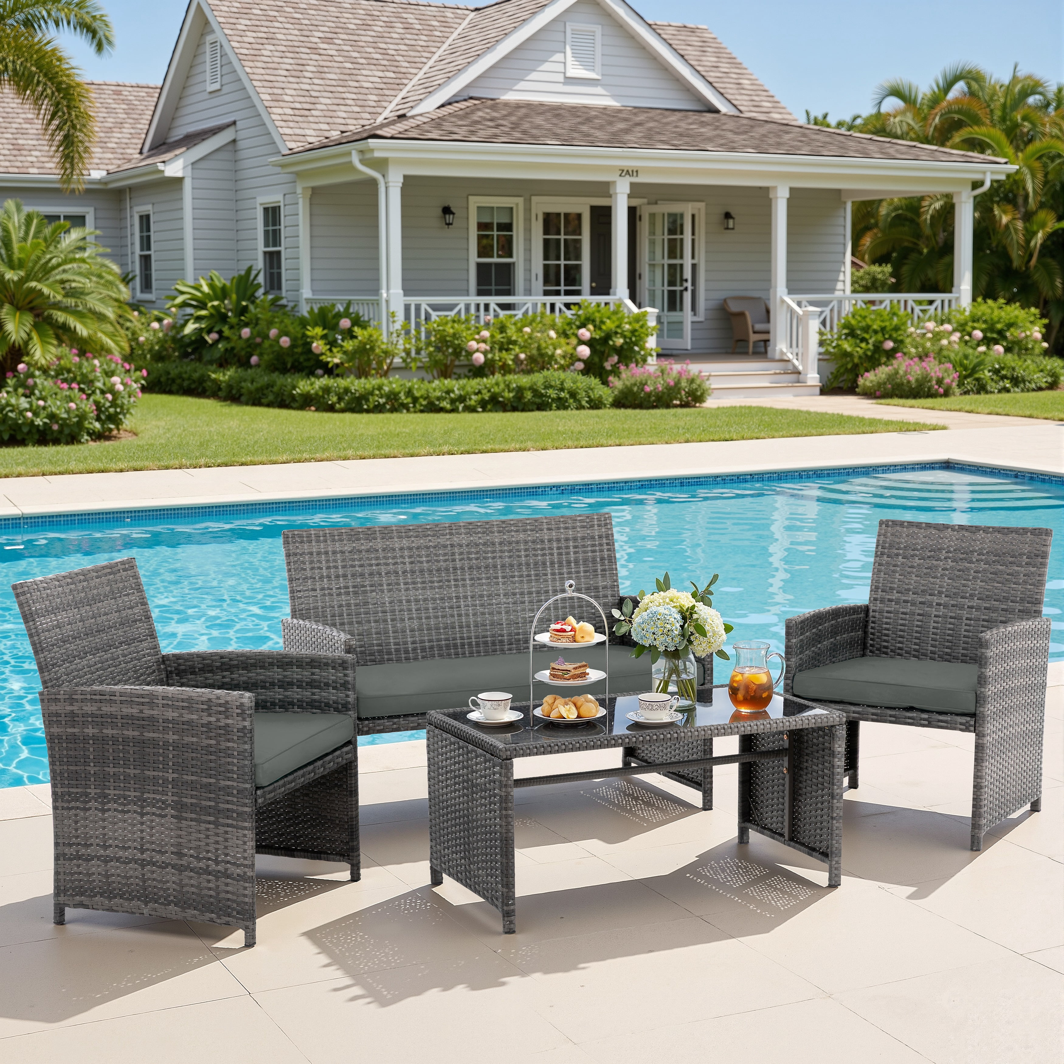 Walsunny Outdoor Patio Rattan Wicker Furniture Conversation Set 4 Piece with Cushions Tempered Glass Tabletop,Gray