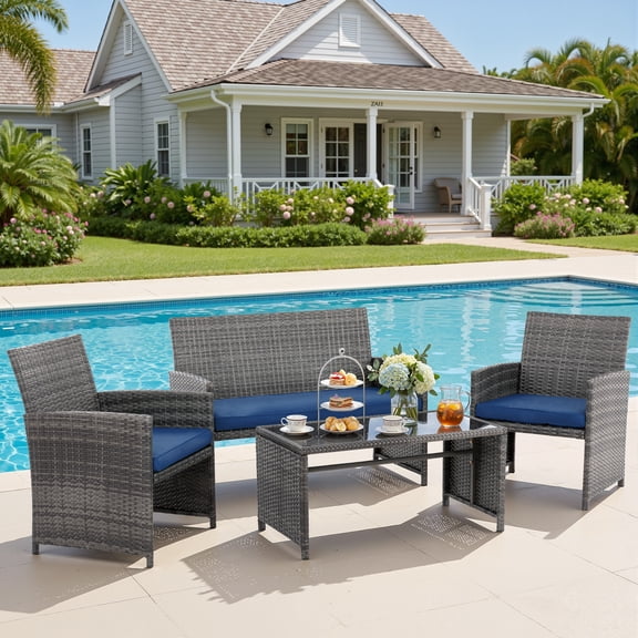 Walsunny Outdoor Patio Rattan Wicker Furniture Conversation Set 4 Piece with Cushions Tempered Glass Tabletop,Navy Blue