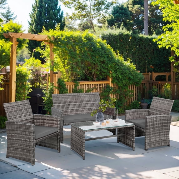 Walsunny 4-Piece Patio Rattan Furniture Set with Cushions & Tempered Glass Tabletop, Gray