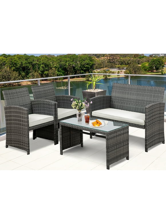 Walsunny 4 Piece Patio Ratten Set Outdoor Furniture Set Wicker Conversation Set with Cushions and Tempered Glass Tabletop