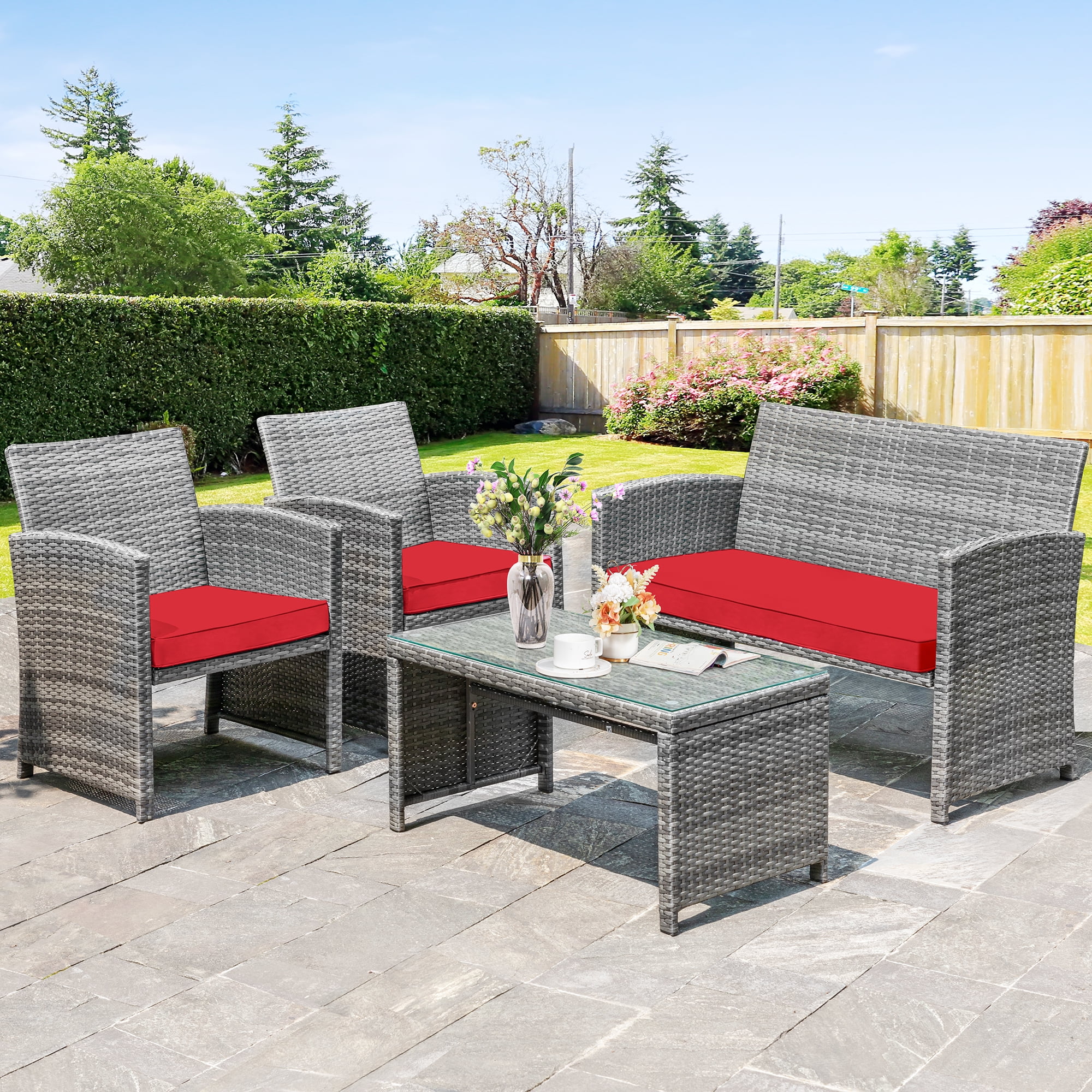 Walsunny 4 Piece Patio Ratten Set Outdoor Furniture Set Wicker