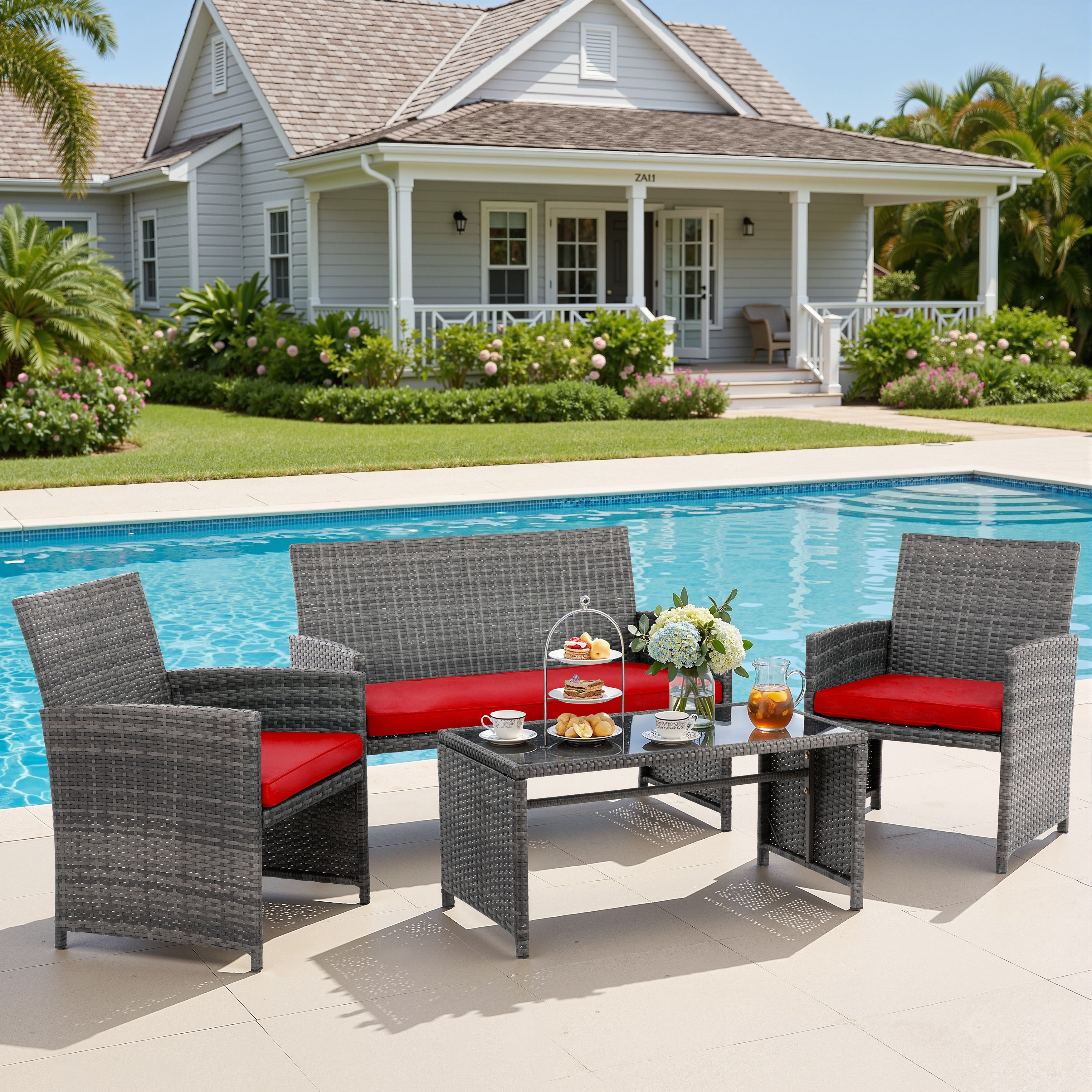 Walsunny Outdoor Patio Rattan Wicker Furniture Conversation Set 4 Piece with Cushions Tempered Glass Tabletop,Red
