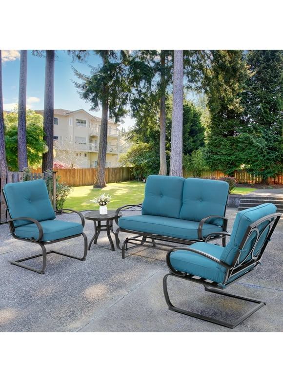 Walsunny 4 Pieces Outdoor Metal Patio Furniture Conversation Sets with Coffee Table Blue