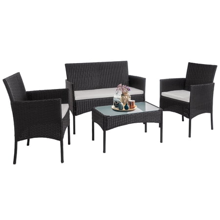 Walsunny 4 Pieces Patio Rattan Furniture Sets with Cushions Outdoor Chair Wicker Set,Black