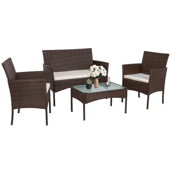 Walsunny 4 Pieces Patio Rattan Furniture Sets with Cushions Outdoor Chair Wicker Set,Brown