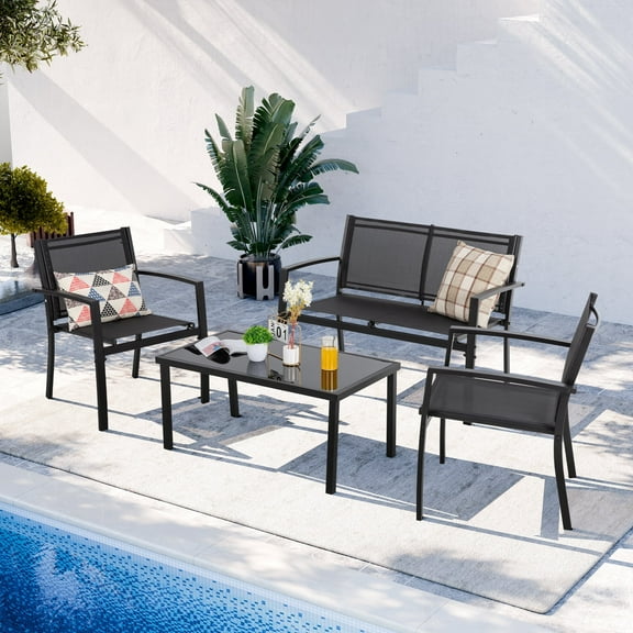 Walsunny 4 Pieces Outdoor Furniture Set All Weather Patio Textilene Steel Conversation Set, Patio Furniture Set Bistro Set with Loveseat ea Table for Lawn and Balcony, Black