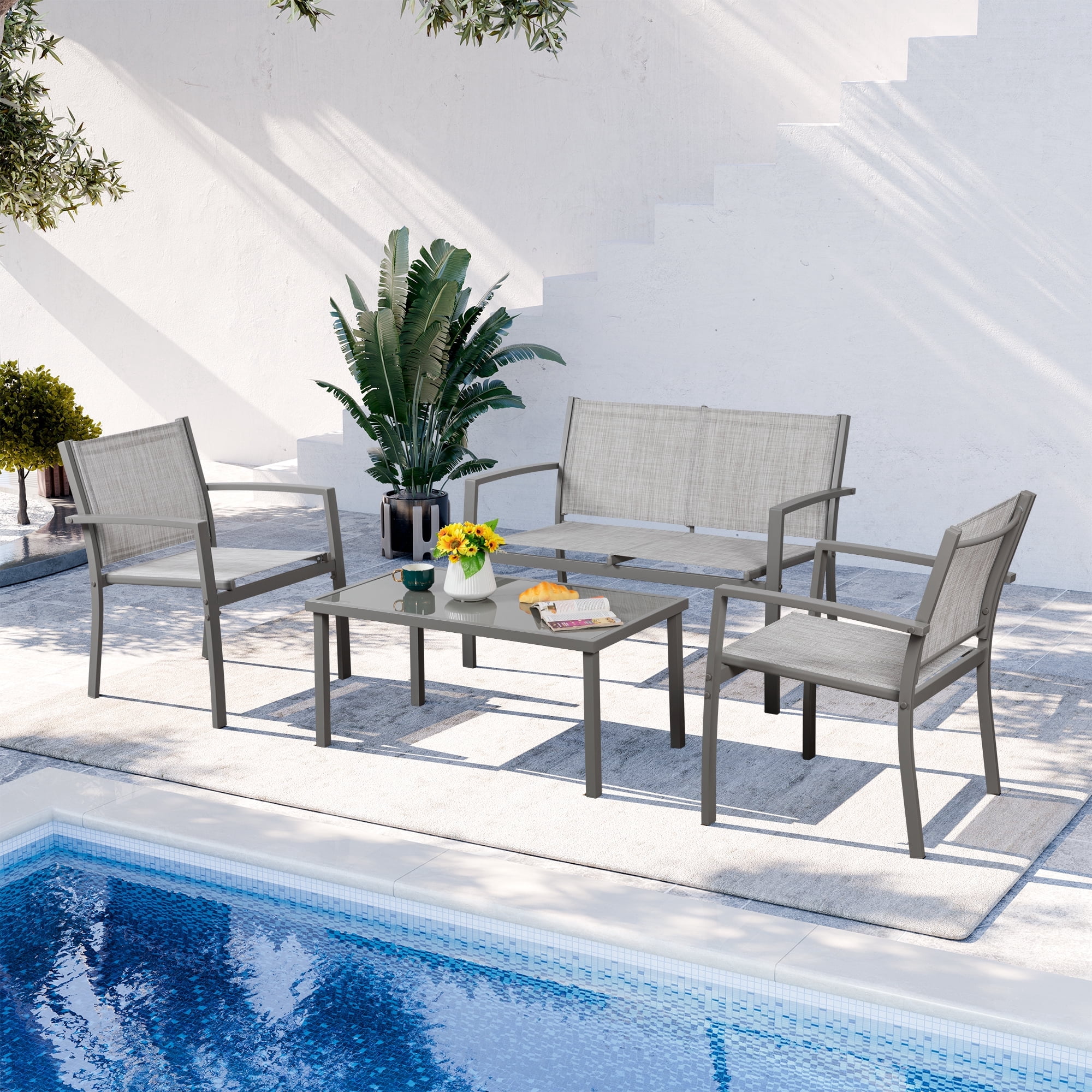 Walsunny 4 Pieces Outdoor Furniture Set All Weather Patio Textilene Steel Conversation Set, Patio Furniture Set Bistro Set with Loveseat ea Table for Lawn and Balcony, Silver