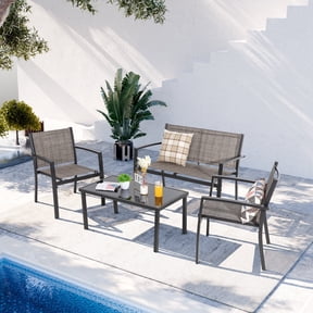 Walsunny 4 Pieces Outdoor Furniture Set All Weather Patio Textilene Steel Conversation Set, Patio Furniture Set Bistro Set with Loveseat ea Table for Lawn and Balcony, Brown