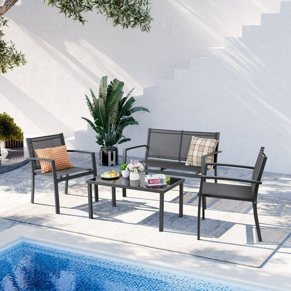 Walsunny 4 Pieces Outdoor Furniture Set All Weather Patio Textilene Steel Conversation Set, Patio Furniture Set Bistro Set with Loveseat ea Table for Lawn and Balcony, Gray